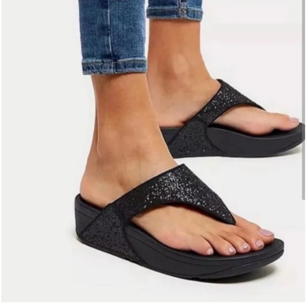 Fitflop Lulu Toe Post Thong Black Sparkly / Glittery Wedge / Ergo Arch Sandals - Picture 1 of 9